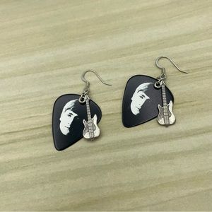 Handmade Black John Lennon Guitar Pick Earrings Pewter Charms The Beatles Gifts
